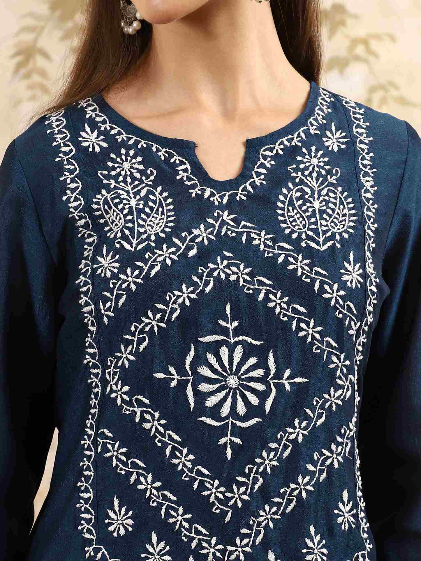 Zainab Blue Chikankari Kurta Set with White Yoke – Notch Neck
