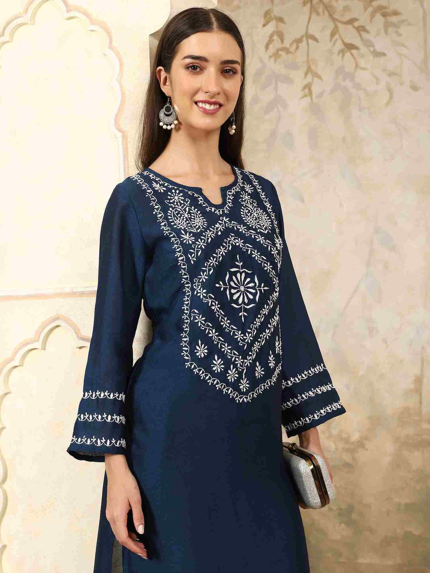 Zainab Blue Chikankari Kurta Set with White Yoke – Notch Neck