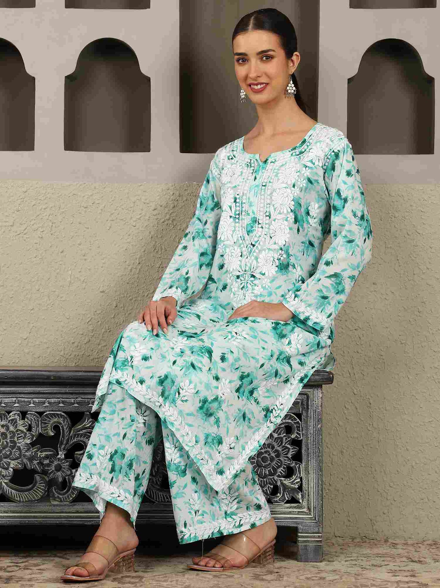 Inaya  Green Floral Print Chikankari Kurta Set with White Thread – Notch Neck