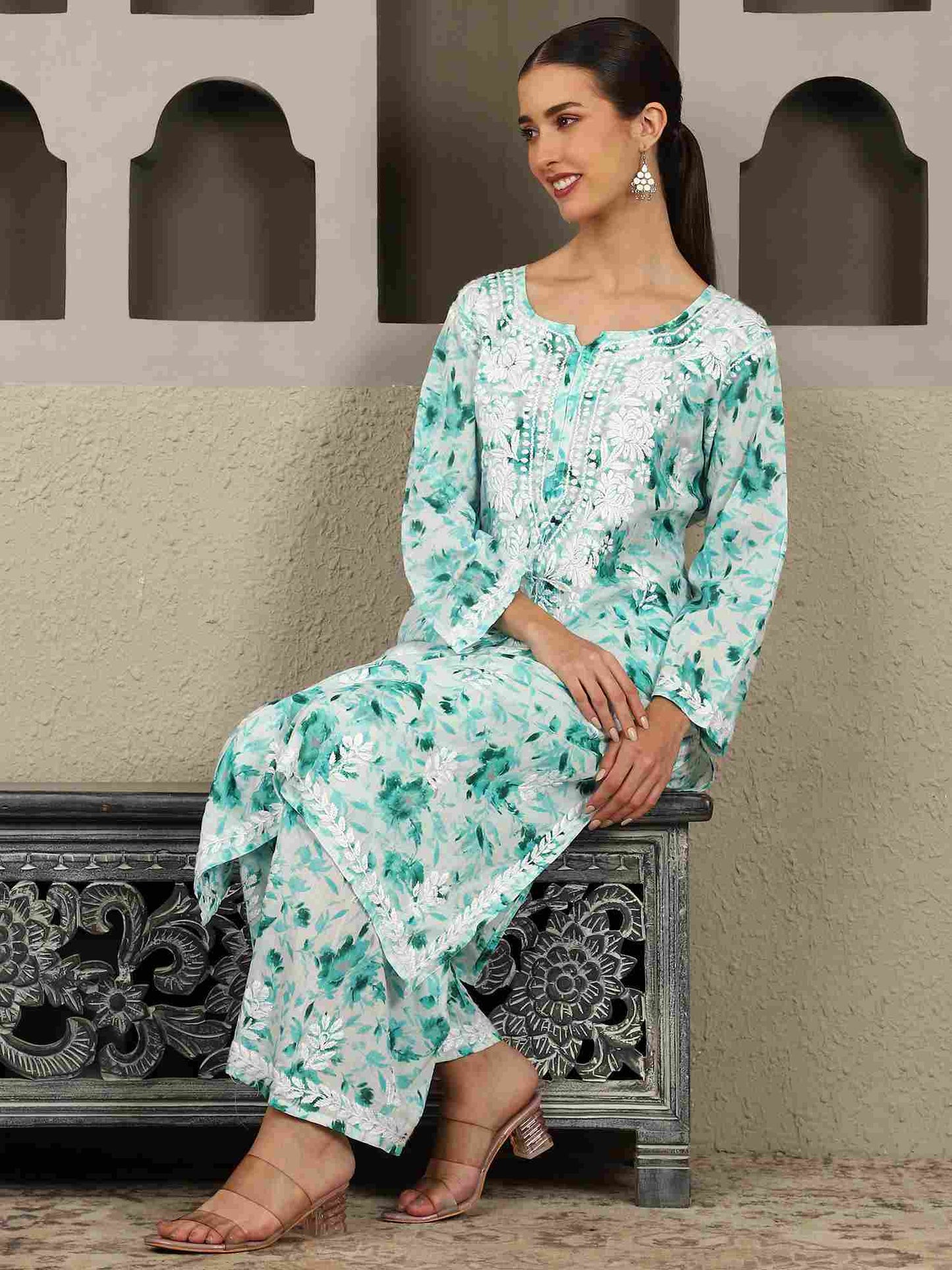 Inaya  Green Floral Print Chikankari Kurta Set with White Thread – Notch Neck