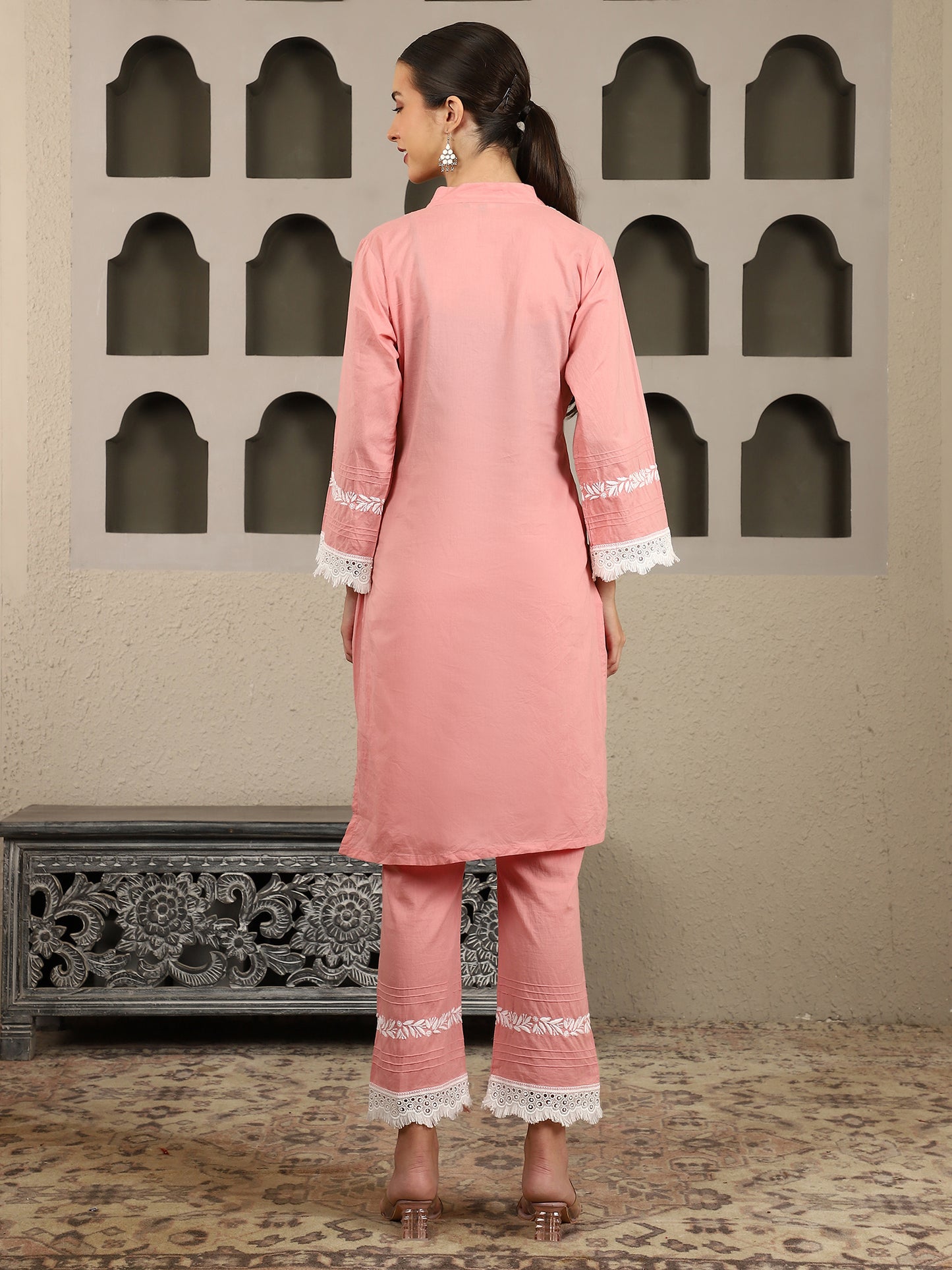 Aisha Pink Chikankari Kurta Set with White Thread – V Neck
