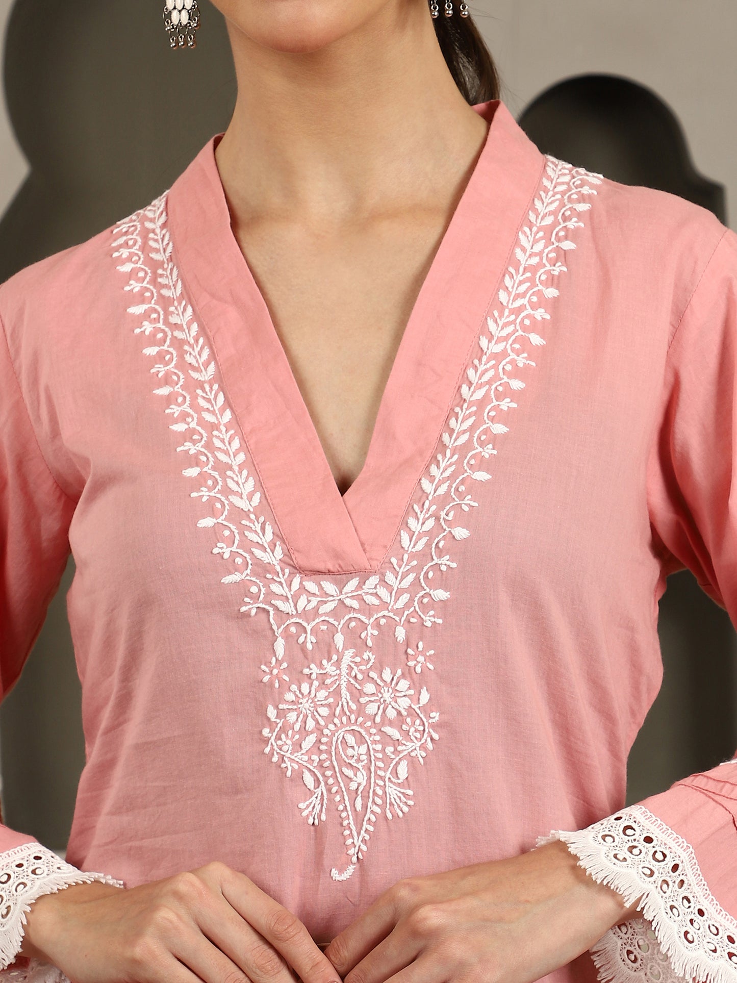 Aisha Pink Chikankari Kurta Set with White Thread – V Neck
