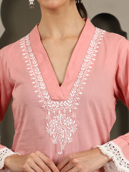 Aisha Pink Chikankari Kurta Set with White Thread – V Neck