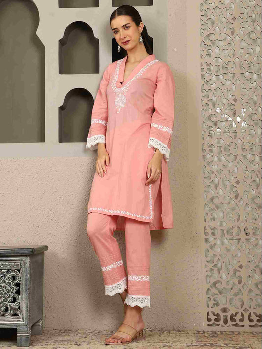 Aisha Pink Chikankari Kurta Set with White Thread – V Neck