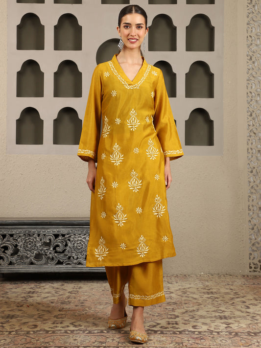 Ishani Yellow Chikankari Kurta Set with Butter Yellow Yoke – V Neck