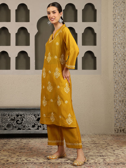 Ishani Yellow Chikankari Kurta Set with Butter Yellow Yoke – V Neck