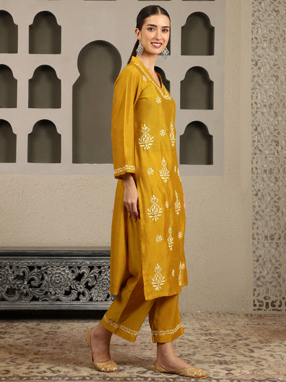 Ishani Yellow Chikankari Kurta Set with Butter Yellow Yoke – V Neck