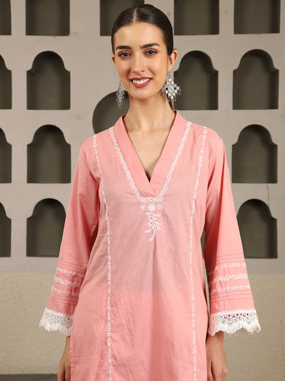 Chahak Pink Chikankari Kurta Set with White Thread – V Neck