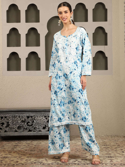 Aarohi Blue Mulmul Chikankari Kurta Set