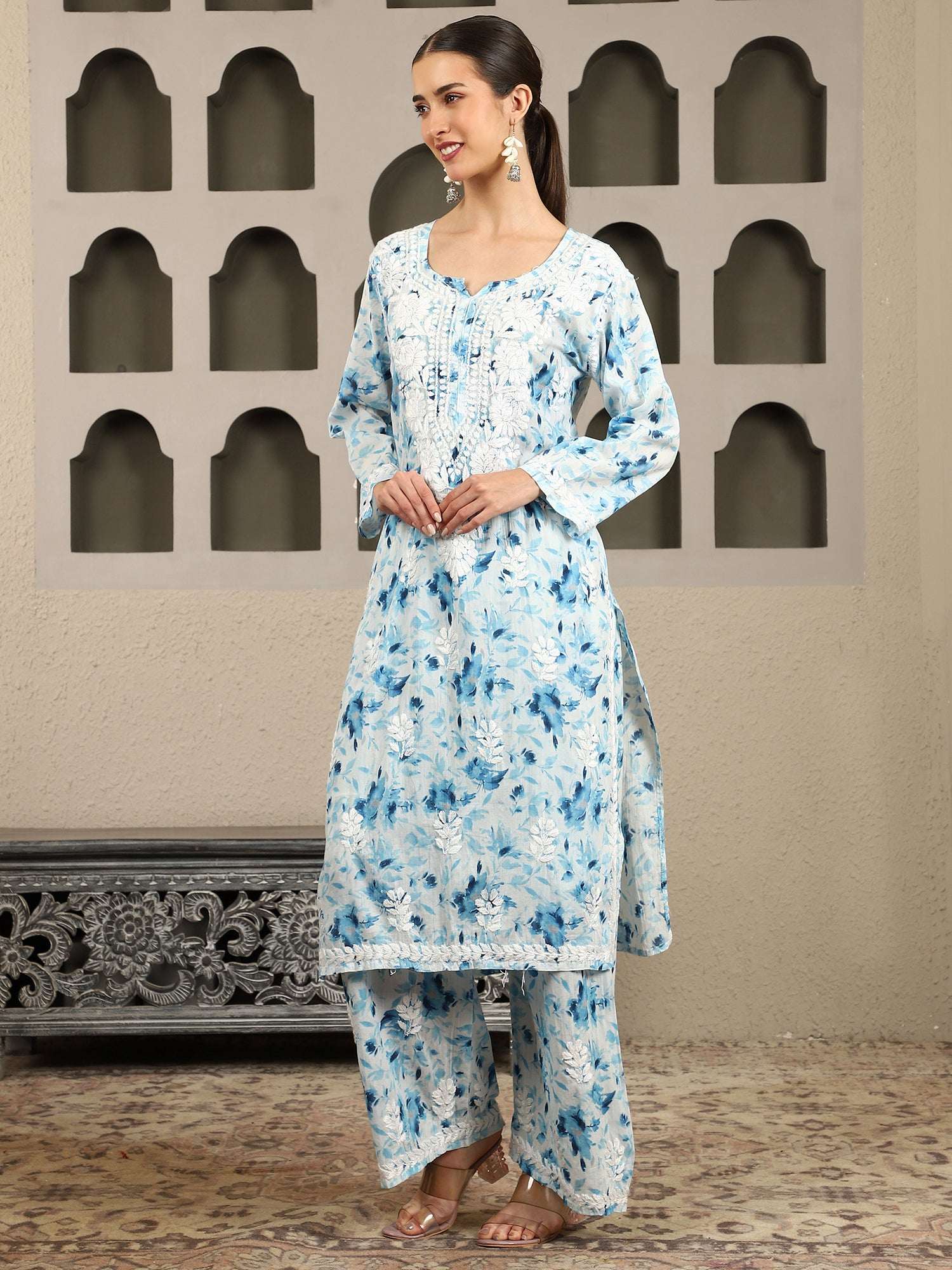 Aarohi Blue Mulmul Chikankari Kurta Set