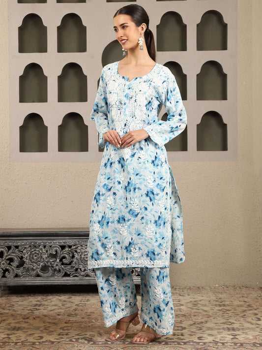 Aarohi Blue Mulmul Chikankari Kurta Set