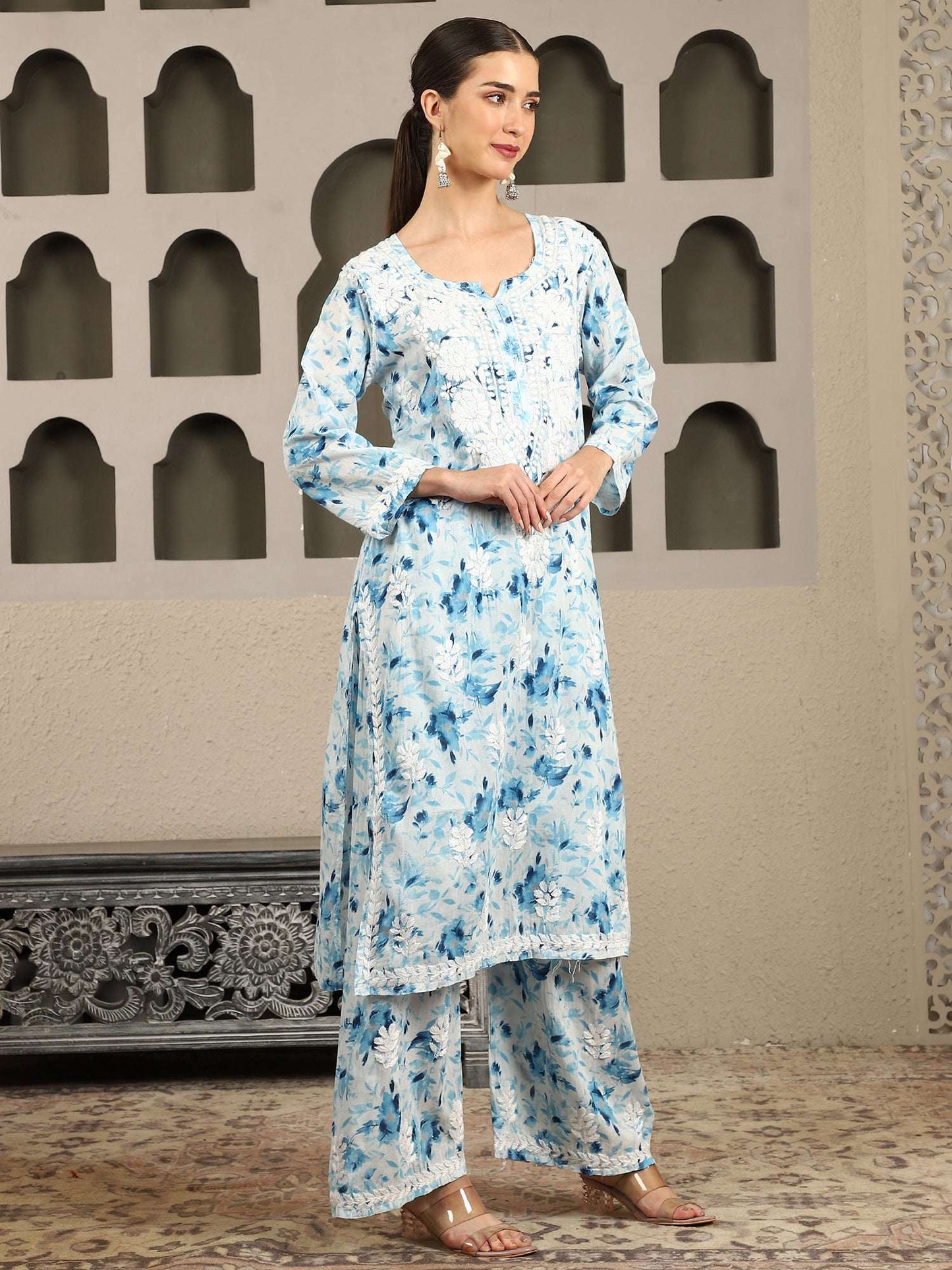 Aarohi Blue Mulmul Chikankari Kurta Set