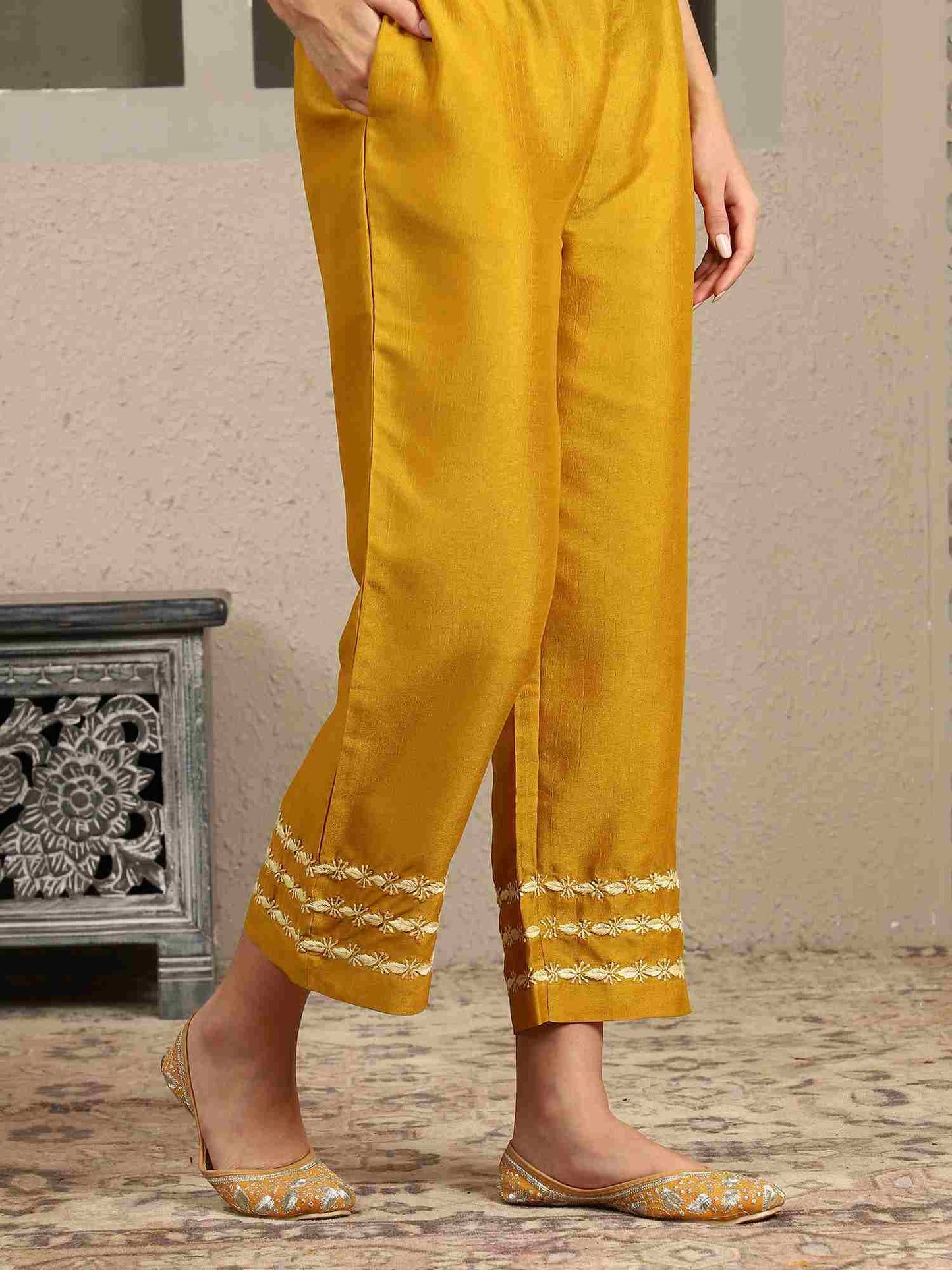 Jenika Yellow Chikankari Kurta Set with Butter Yellow Yoke – Notch Neck