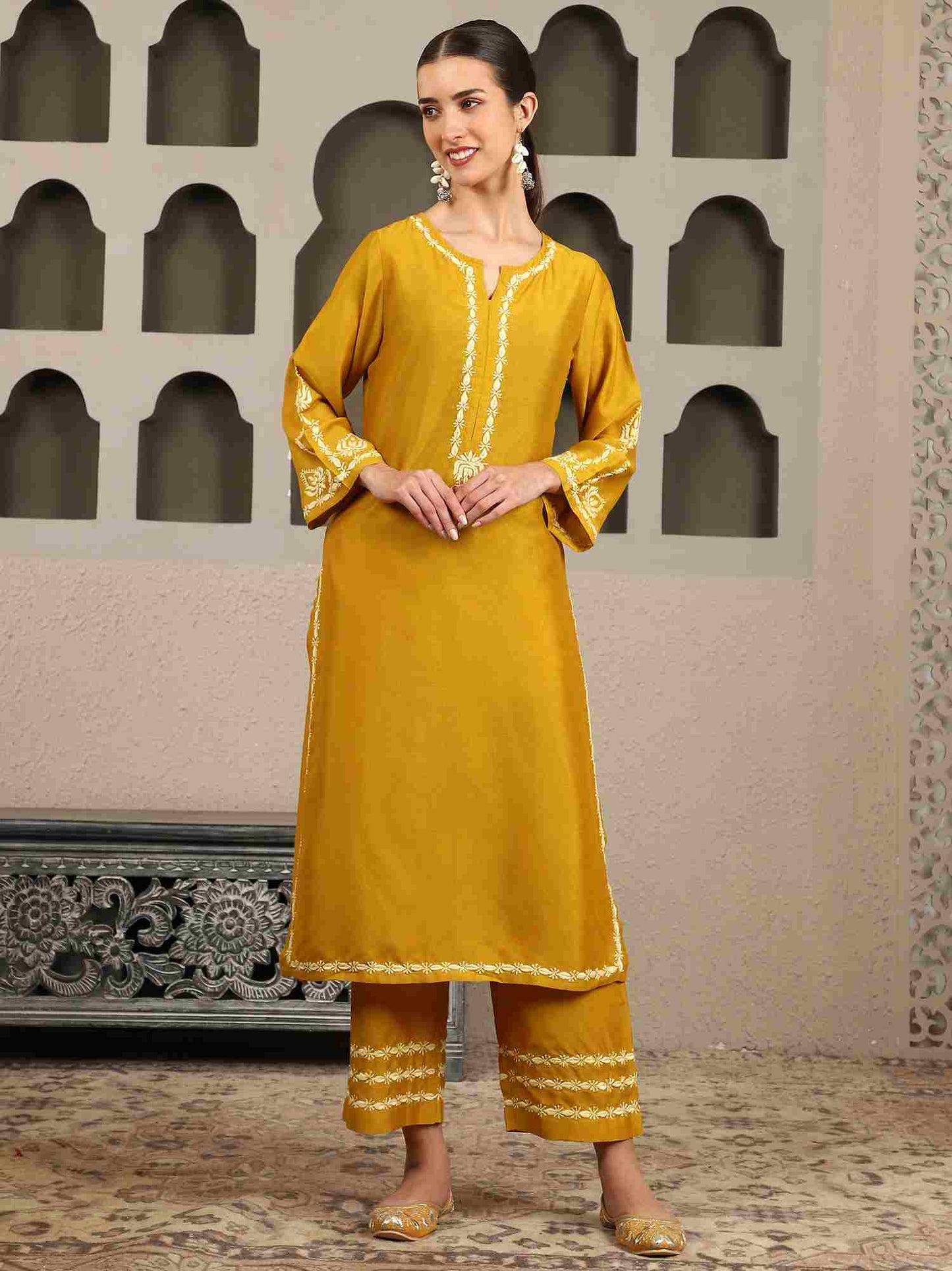 Jenika Yellow Chikankari Kurta Set with Butter Yellow Yoke – Notch Neck