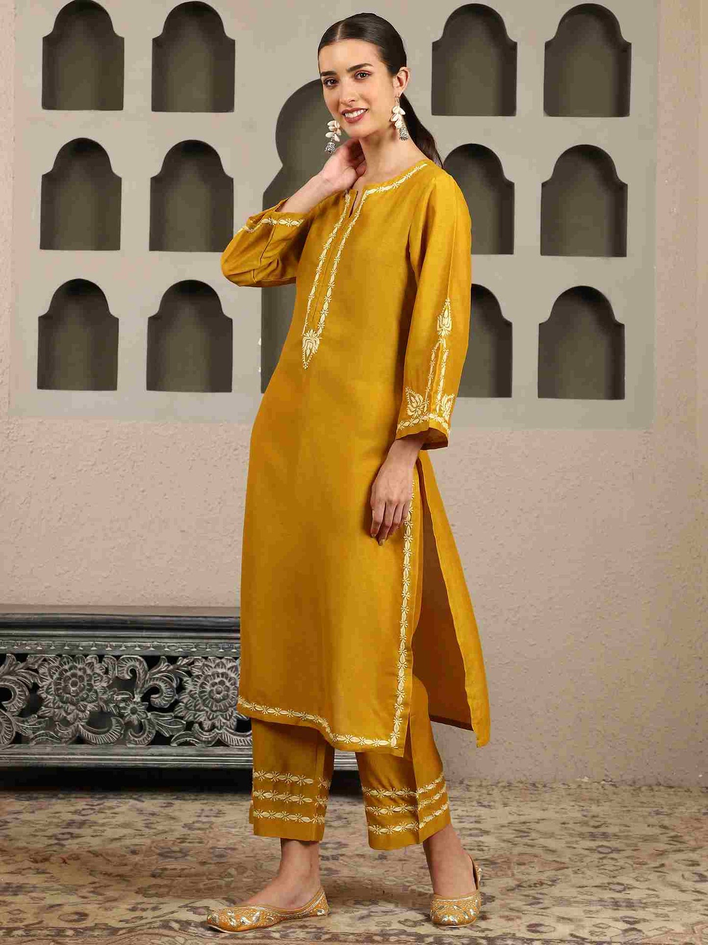 Jenika Yellow Chikankari Kurta Set with Butter Yellow Yoke – Notch Neck