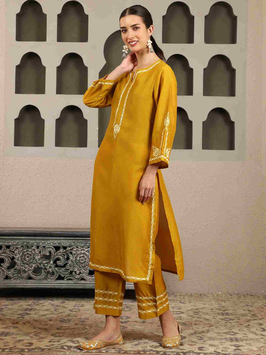 Jenika Yellow Chikankari Kurta Set with Butter Yellow Yoke – Notch Neck