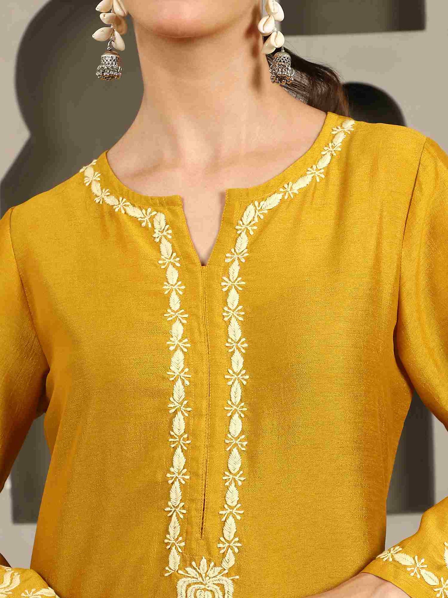 Jenika Yellow Chikankari Kurta Set with Butter Yellow Yoke – Notch Neck