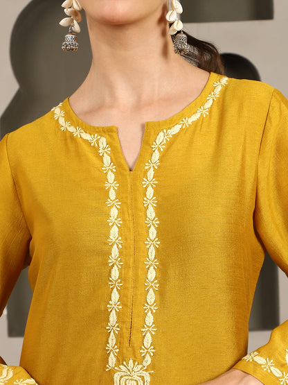 Jenika Yellow Chikankari Kurta Set with Butter Yellow Yoke – Notch Neck