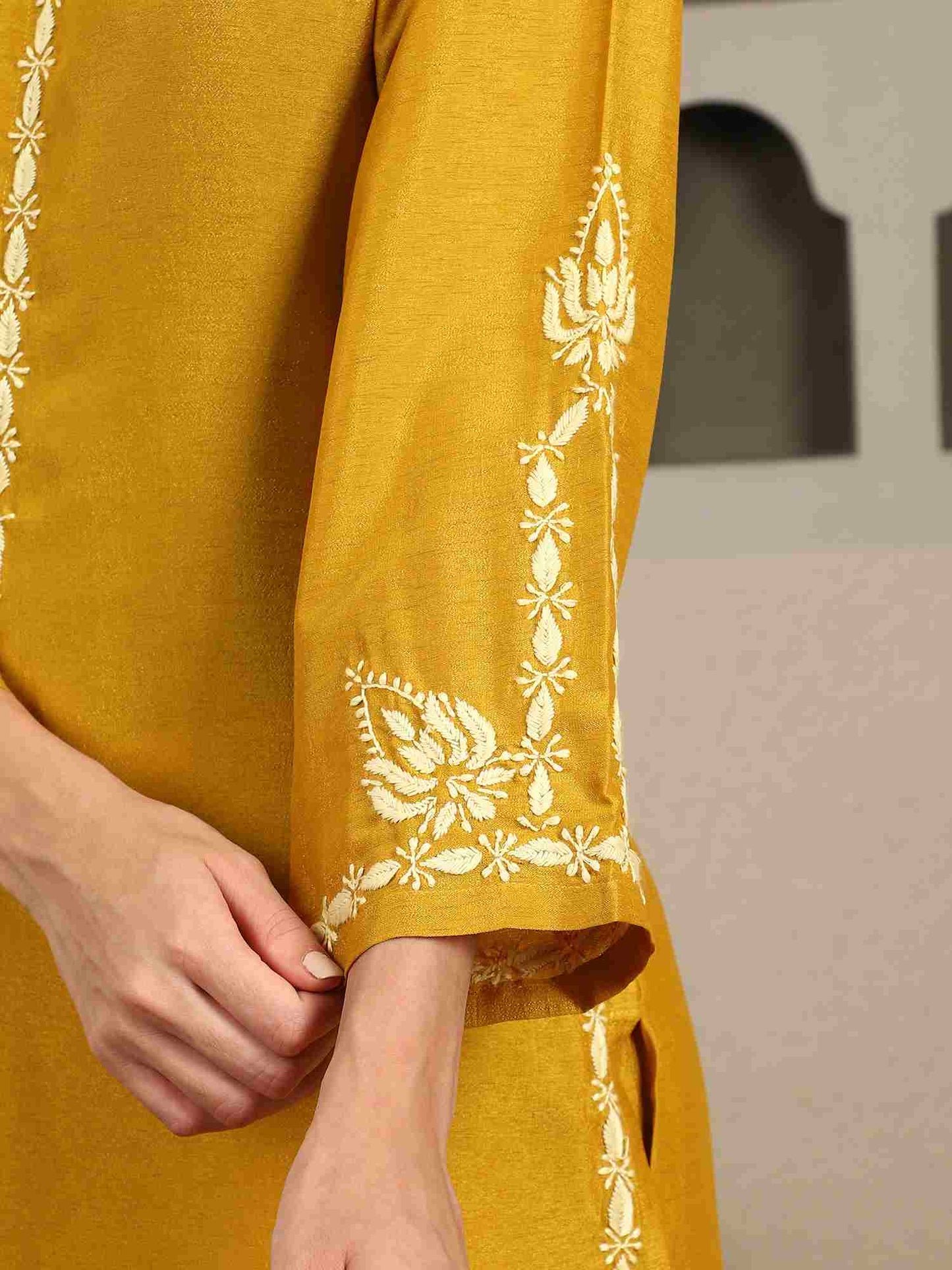 Jenika Yellow Chikankari Kurta Set with Butter Yellow Yoke – Notch Neck