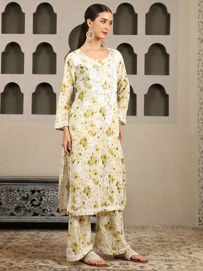 Falak Mulmul Chikankari Kurta Set with White Thread – Notch Neck