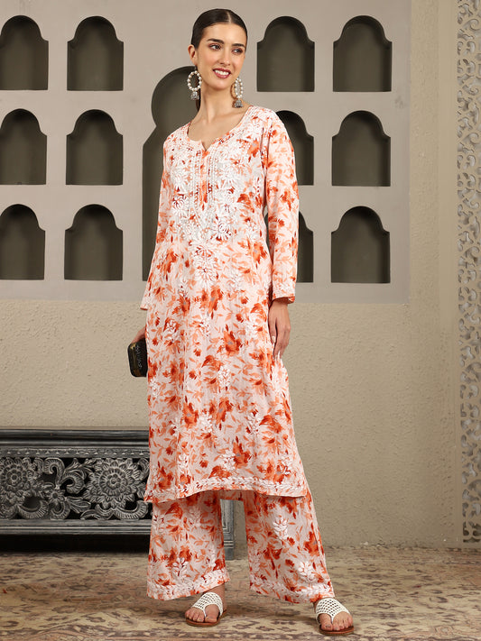 Gargi Orange Floral Print Chikankari Kurta Set with White Thread – Notch Neck