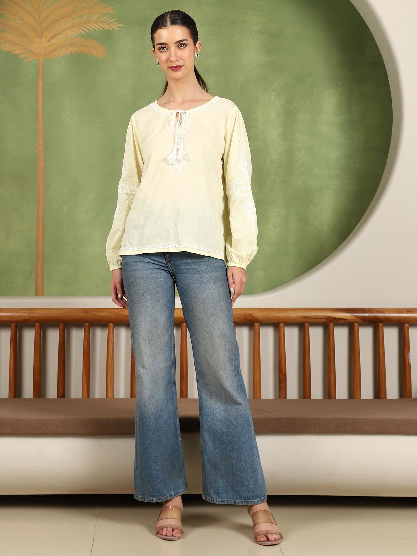 Aria Chikankari Top with White Thread & Balloon Sleeves – Yellow