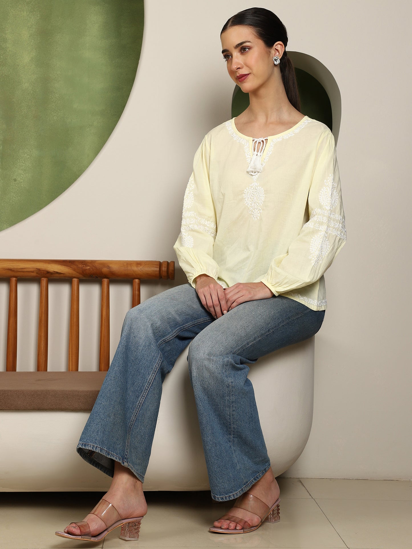 Aria Chikankari Top with White Thread & Balloon Sleeves – Yellow