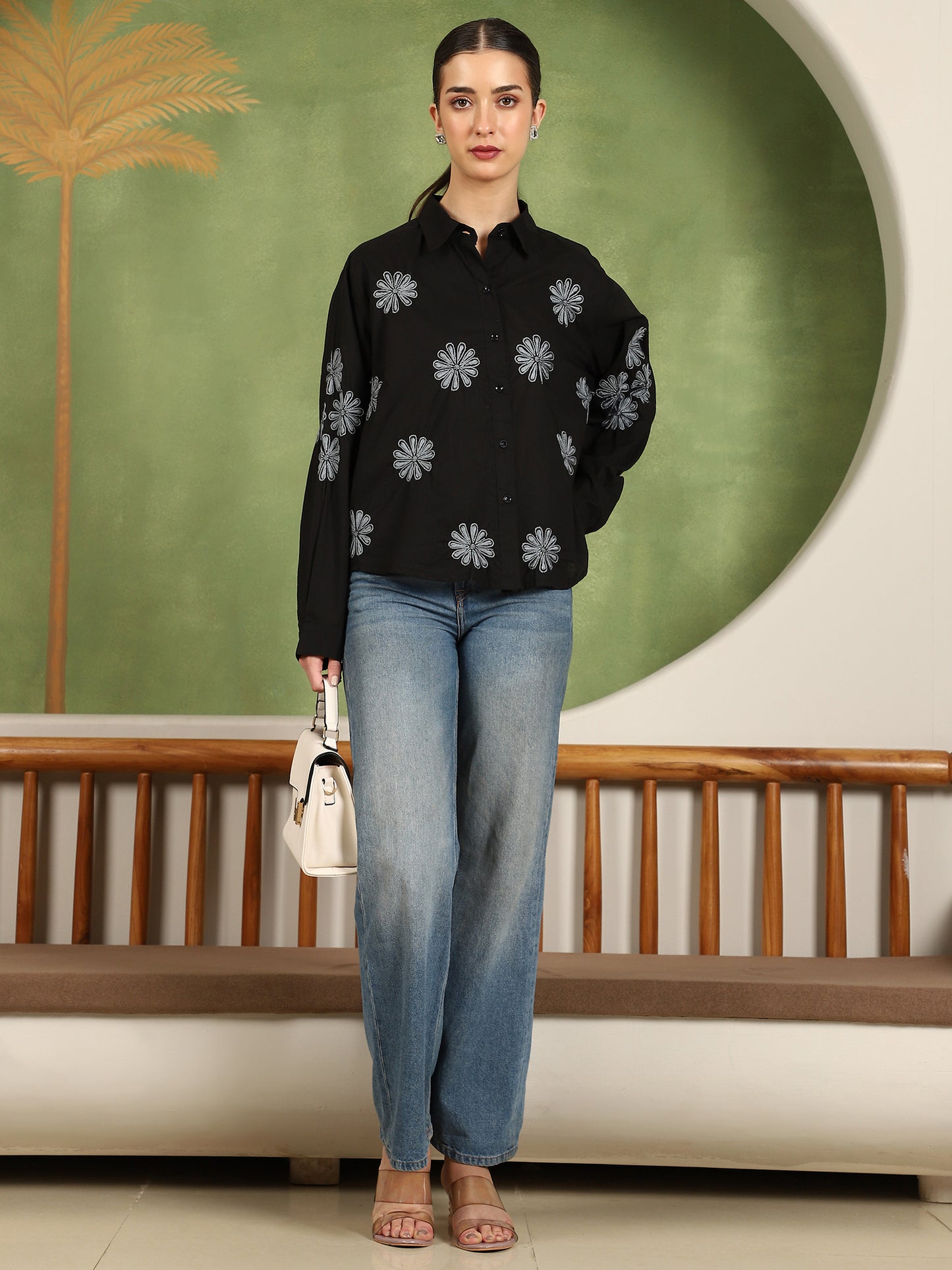 Floret Chikankari Shirt with Grey Boota – Spread Collar