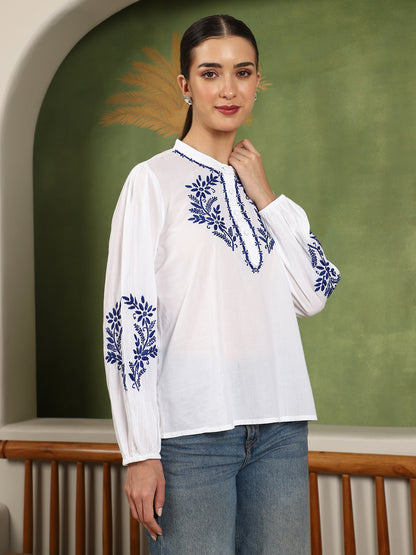 Freya Chikankari Top with Royal Blue Boota – white