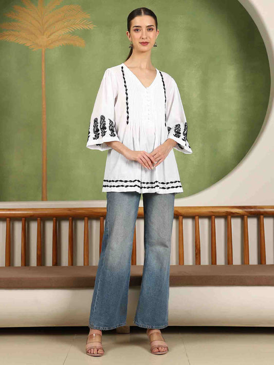 Elani Chikankari Top with Black Boota & Bell Sleeves – White