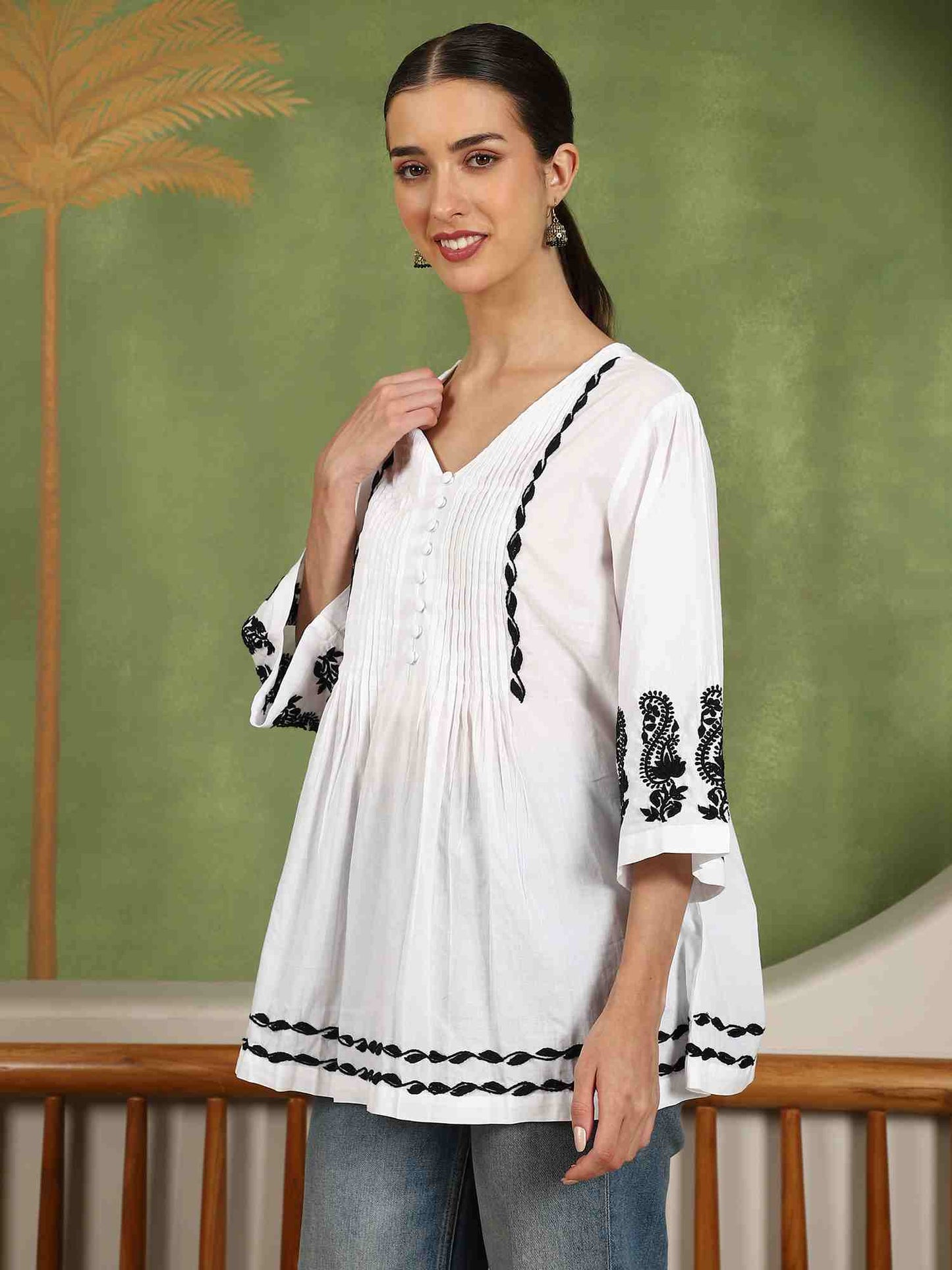 Elani Chikankari Top with Black Boota & Bell Sleeves – White