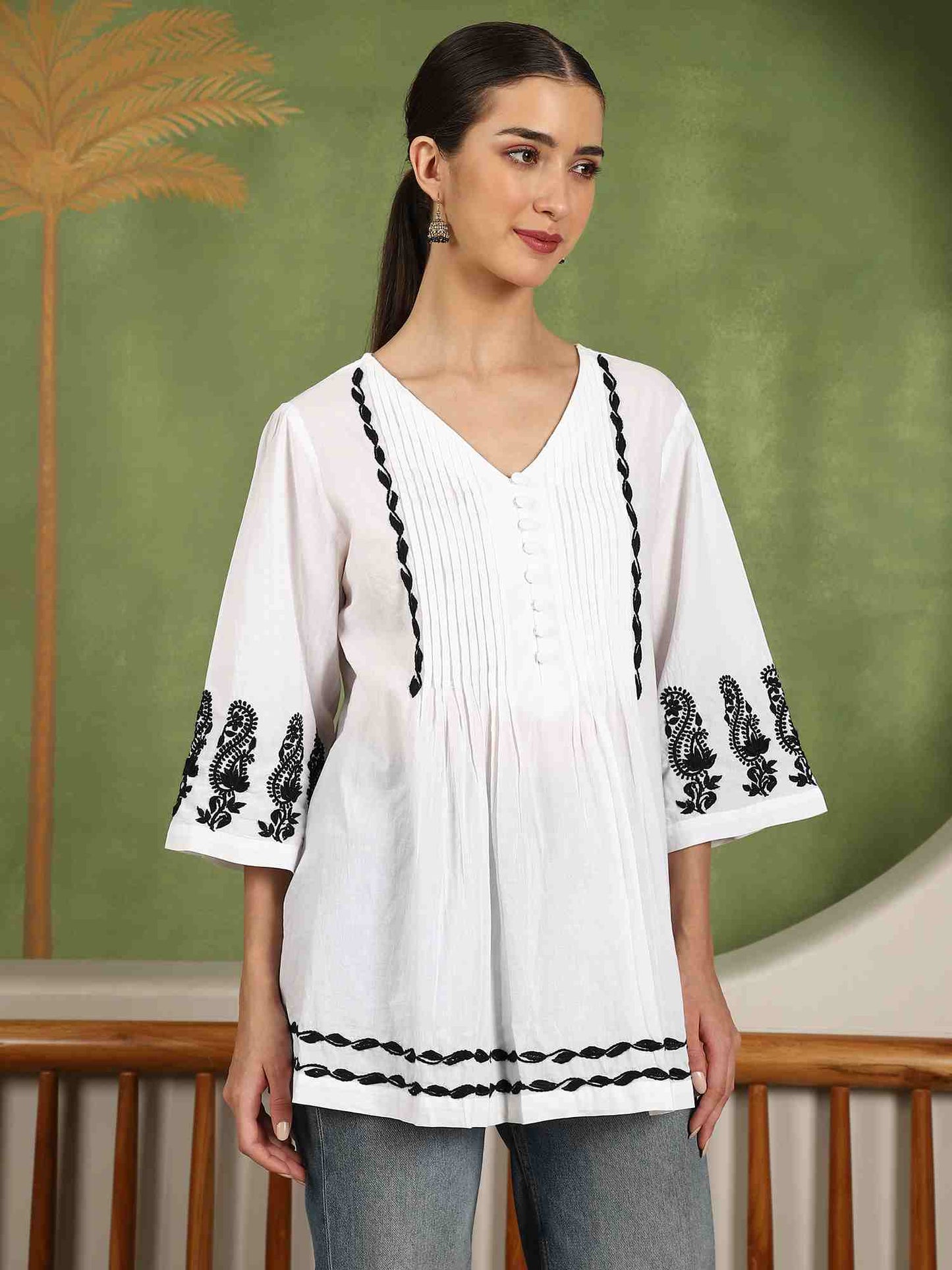 Elani Chikankari Top with Black Boota & Bell Sleeves – White