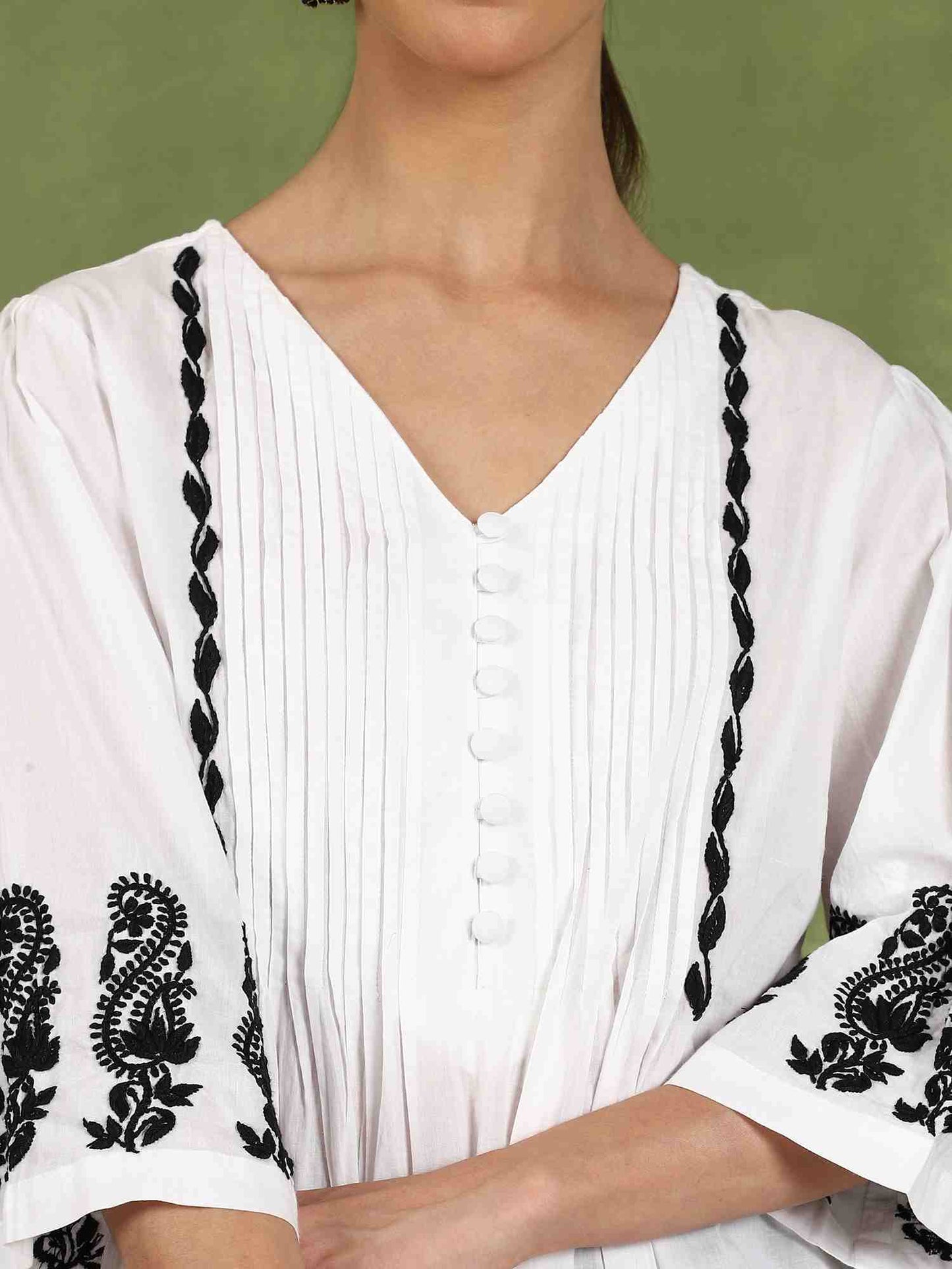 Elani Chikankari Top with Black Boota & Bell Sleeves – White