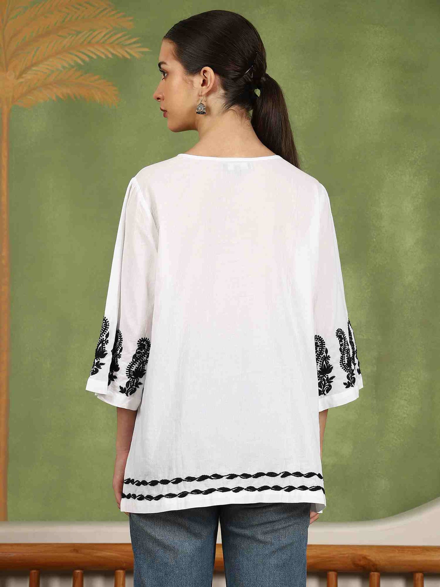 Elani Chikankari Top with Black Boota & Bell Sleeves – White