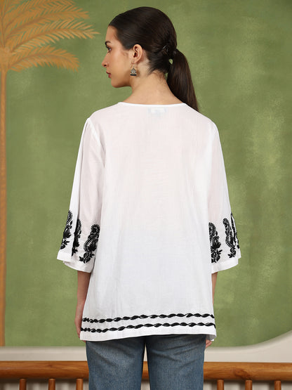 Elani Chikankari Top with Black Boota & Bell Sleeves – White