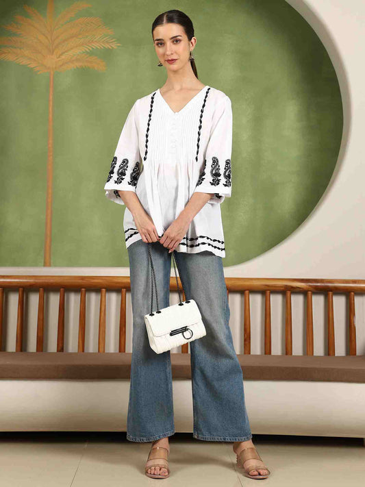 Elani Chikankari Top with Black Boota & Bell Sleeves – White