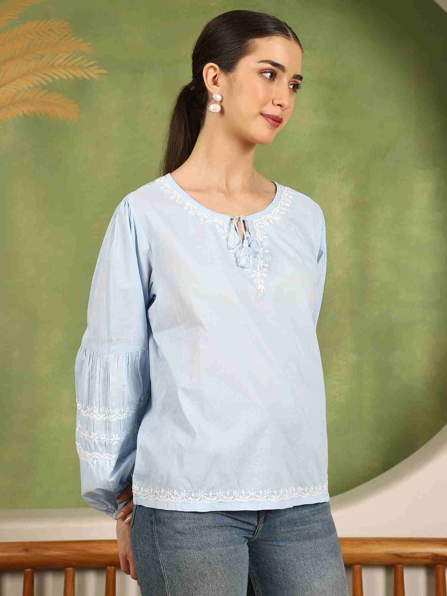 Felicia Balloon Sleeve Chikankari Top with White Thread – Blue