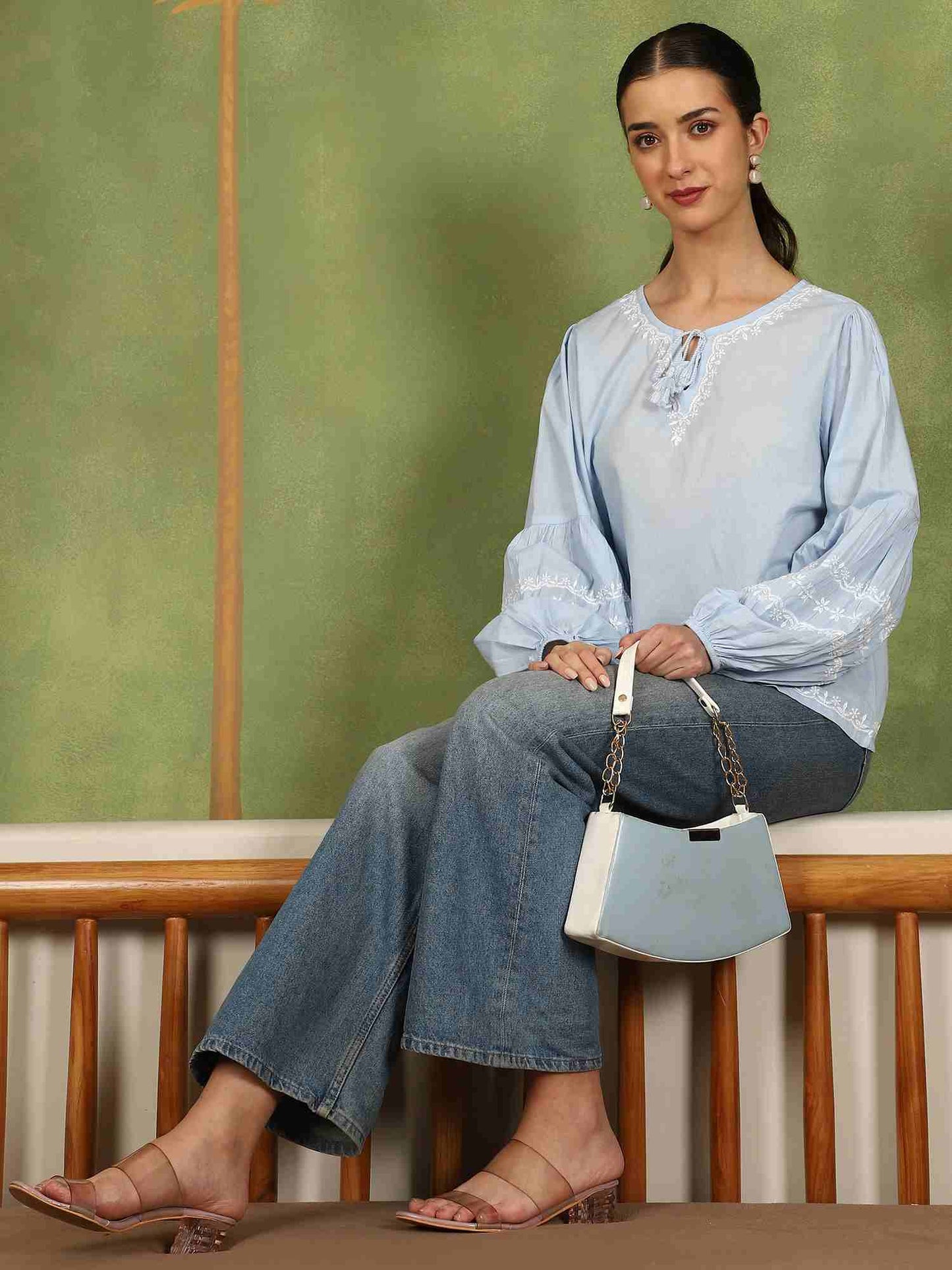 Felicia Balloon Sleeve Chikankari Top with White Thread – Blue