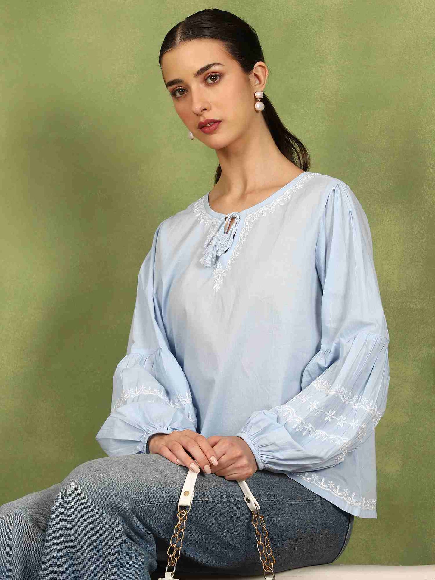 Felicia Balloon Sleeve Chikankari Top with White Thread – Blue