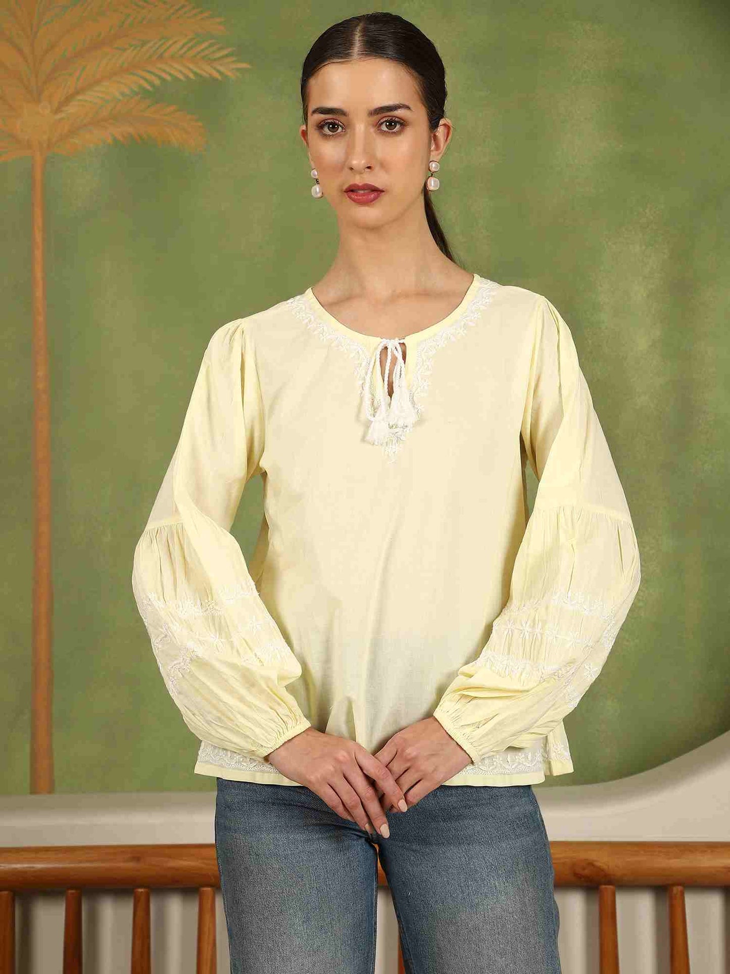 Felicia Chikankari Top with White Thread & Balloon Sleeves – Yellow