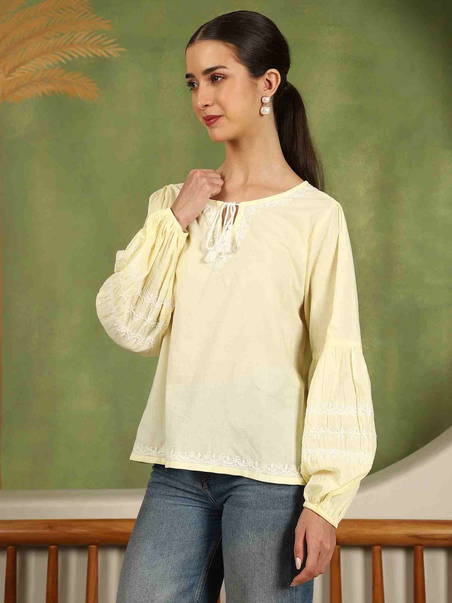 Felicia Chikankari Top with White Thread & Balloon Sleeves – Yellow