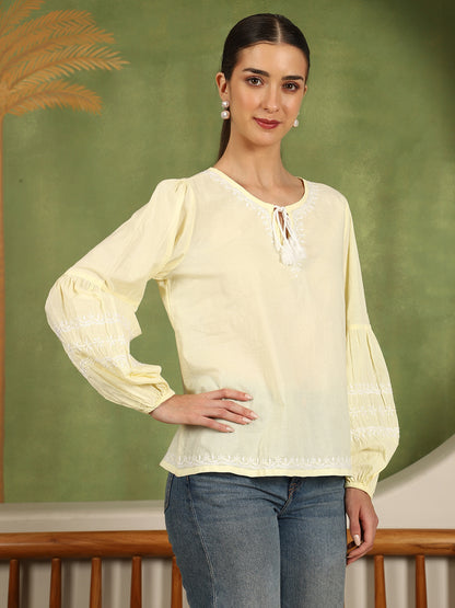 Felicia Chikankari Top with White Thread & Balloon Sleeves – Yellow