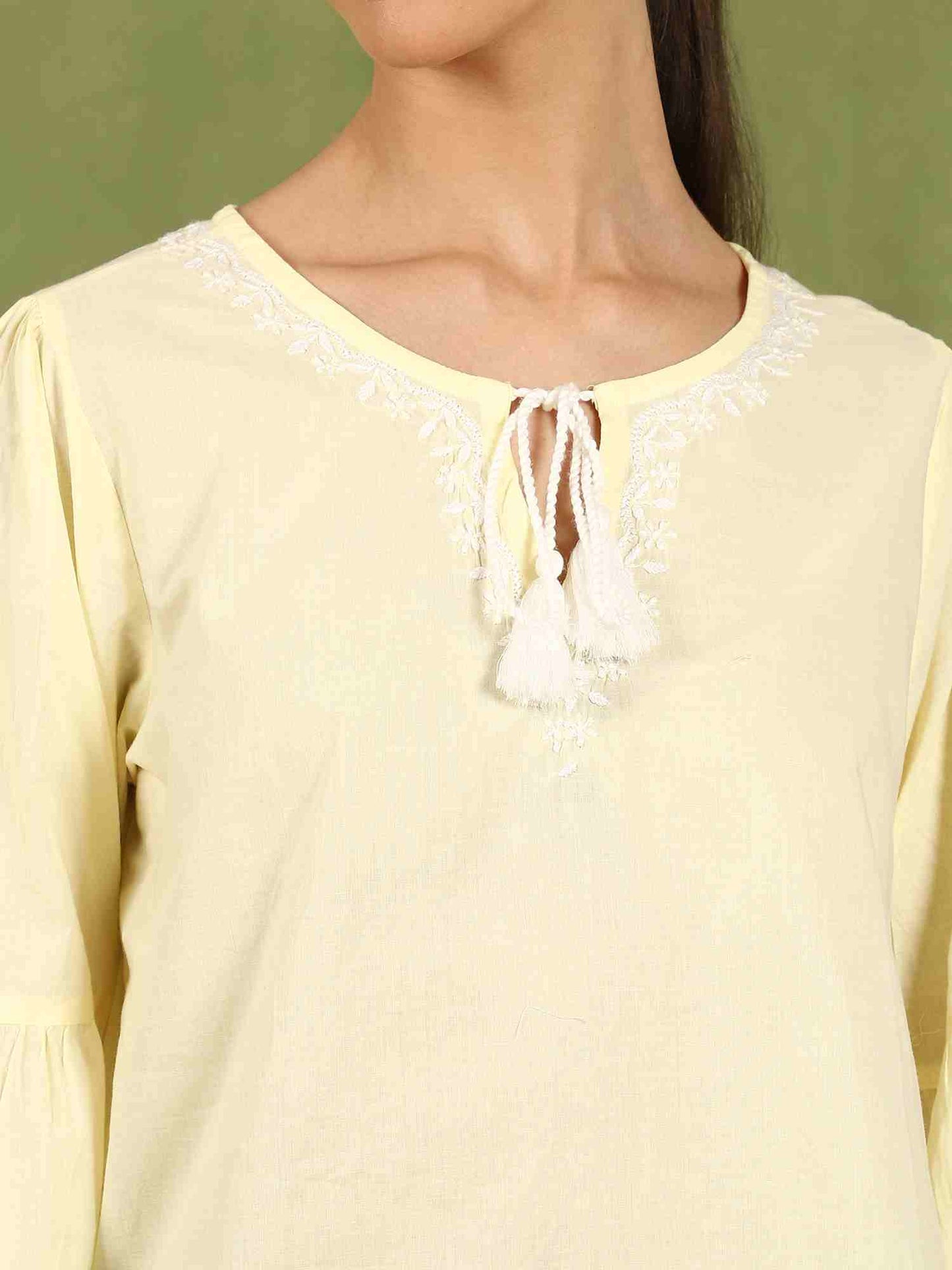 Felicia Chikankari Top with White Thread & Balloon Sleeves – Yellow