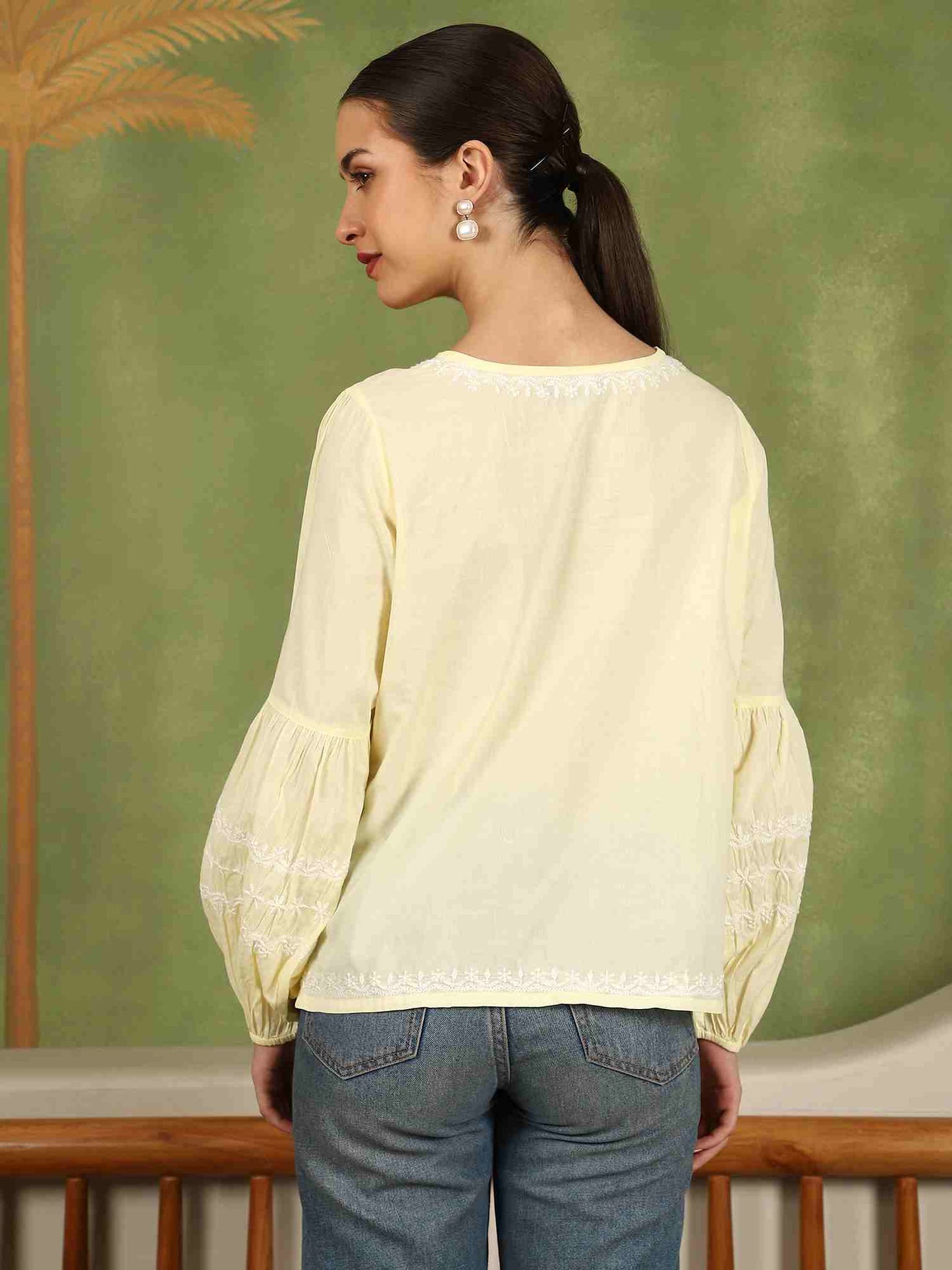 Felicia Chikankari Top with White Thread & Balloon Sleeves – Yellow