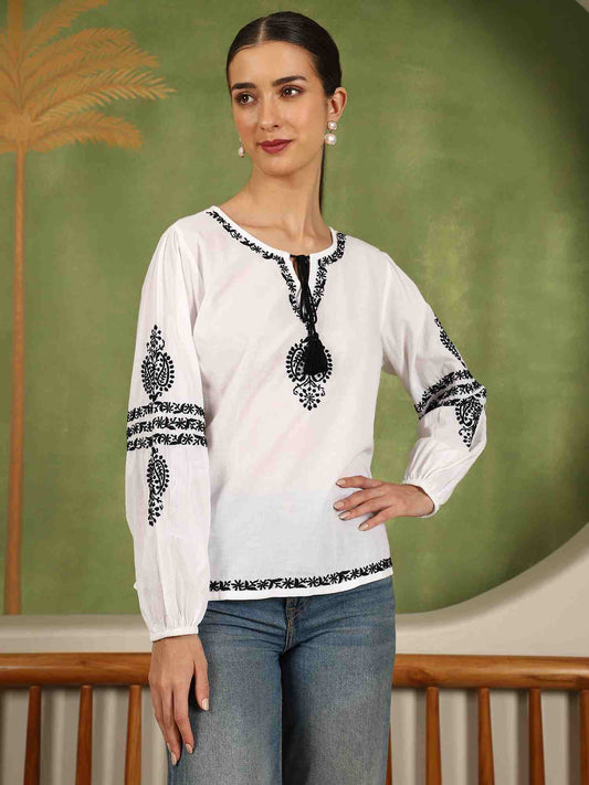 Aria Chikankari Top with Black Thread & Balloon Sleeves – White