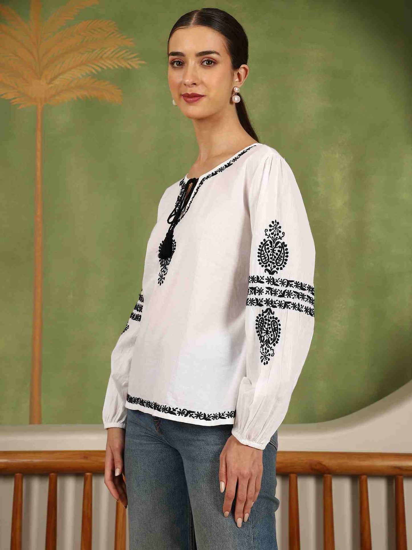 Aria Chikankari Top with Black Thread & Balloon Sleeves – White