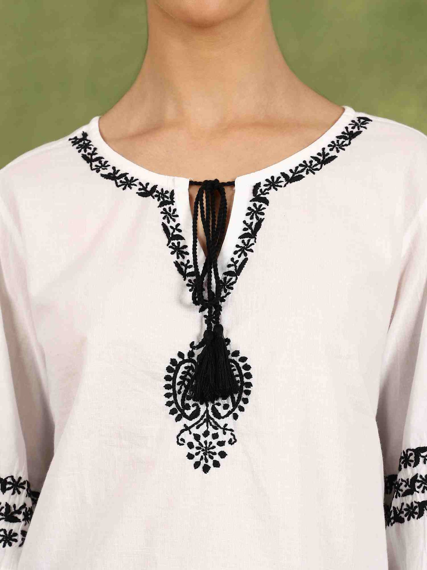 Aria Chikankari Top with Black Thread & Balloon Sleeves – White