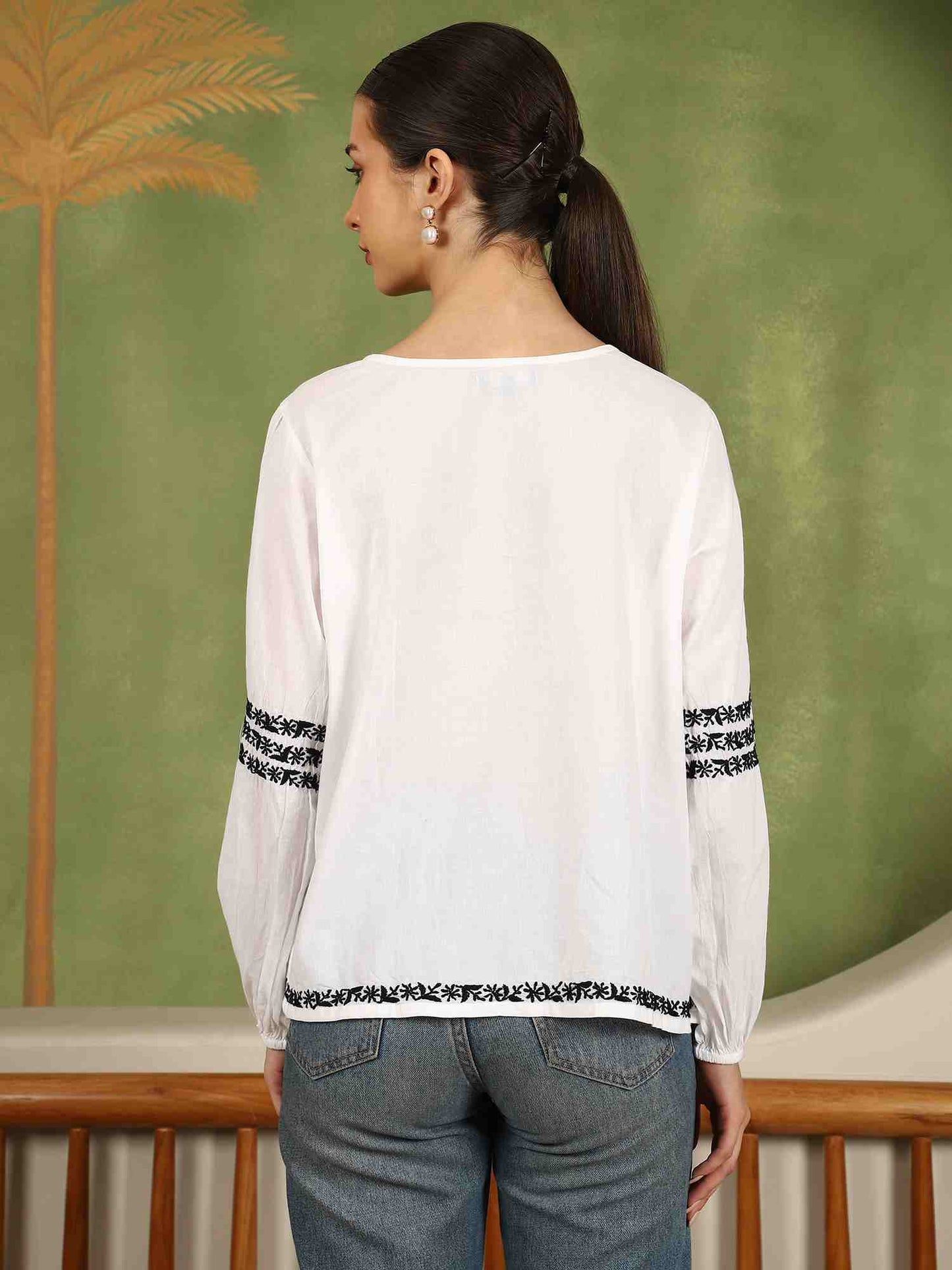 Aria Chikankari Top with Black Thread & Balloon Sleeves – White