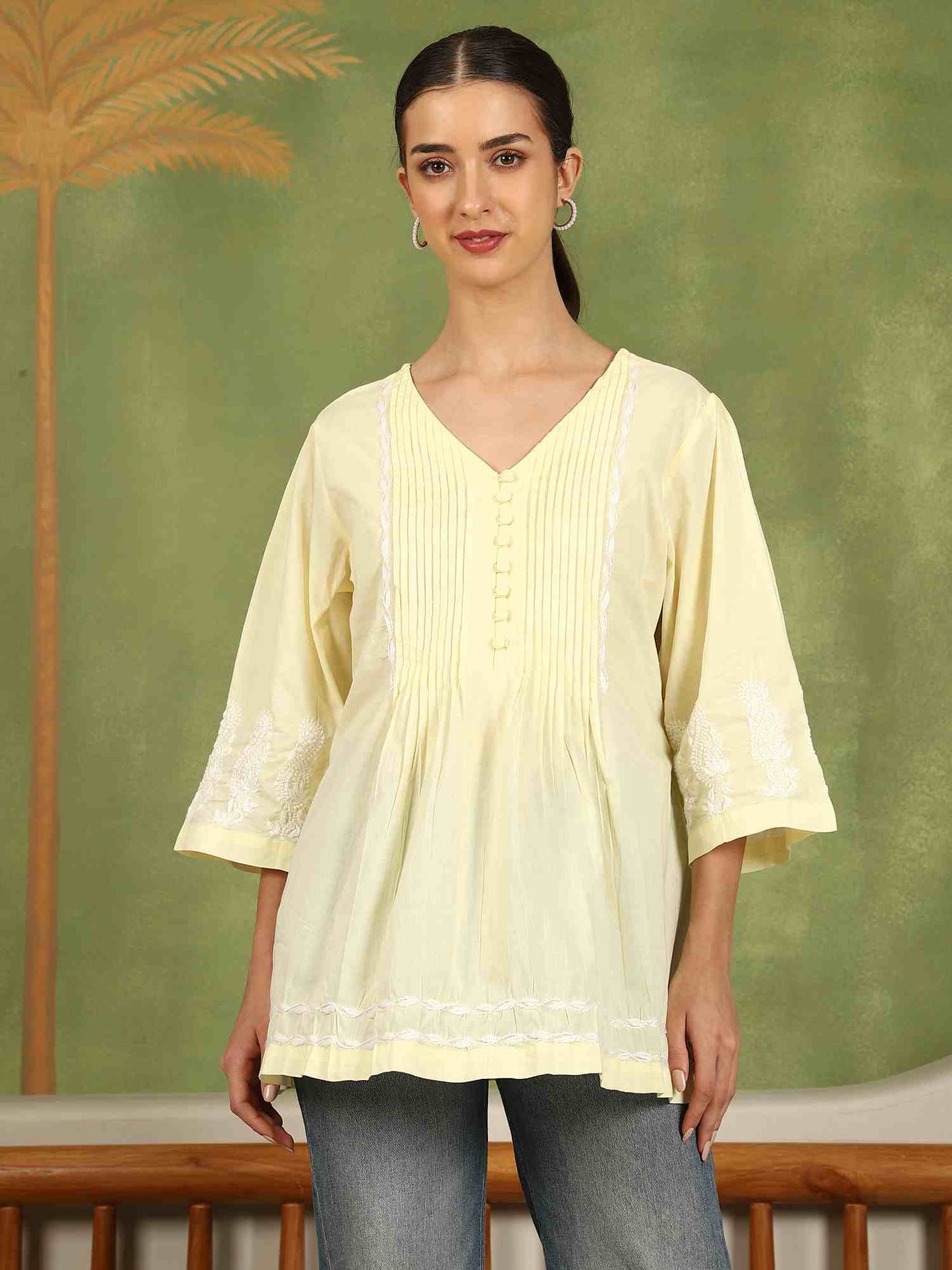 Elani Chikankari Top with White Boota & Bell Sleeves – Yellow