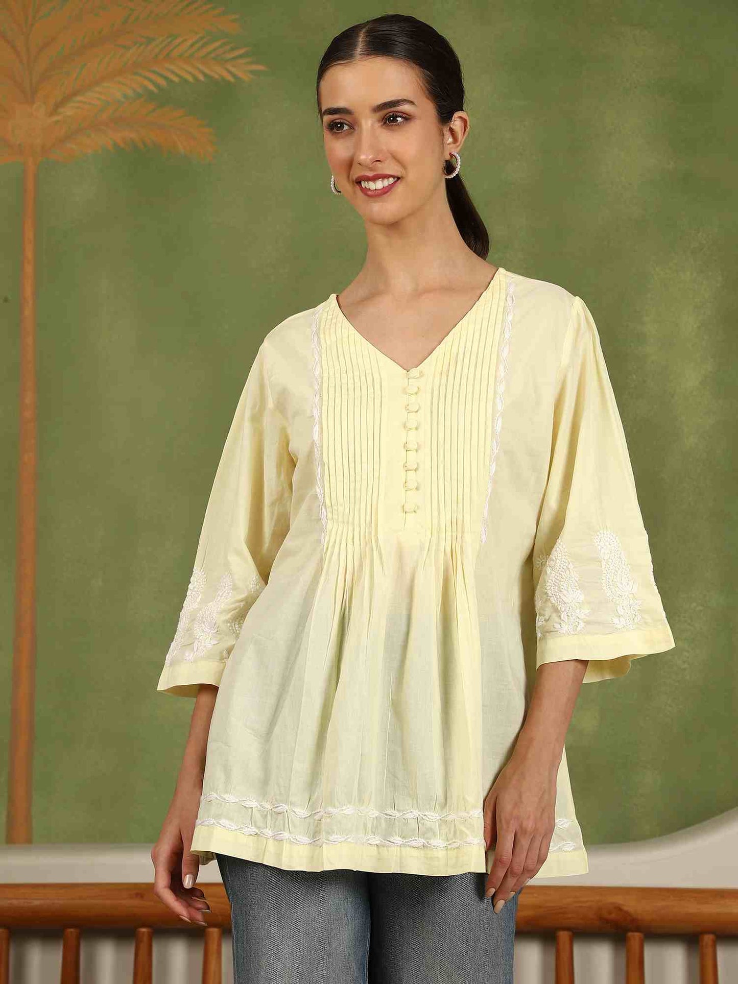 Elani Chikankari Top with White Boota & Bell Sleeves – Yellow